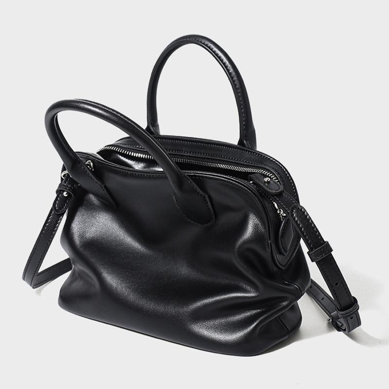 New Bowling Shell Bag Women's Genuine Cowhide Handbag with Pleated Design Large Capacity Crossbody Shoulder Bag for Commute Fashion Daily Use Bag
