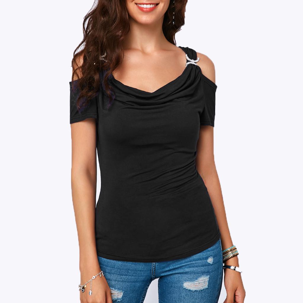 

Женская повседневная рубашка с открытыми плечами и драпированным воротником, футболка с коротким рукавом L чёрный