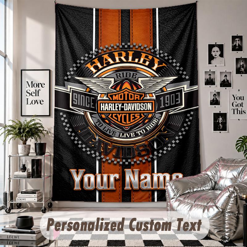 Arazzo da Appendere alla Parete con Nome e Testo Personalizzati, Arazzo Decorativo Harley-Davidson per Camera da Letto