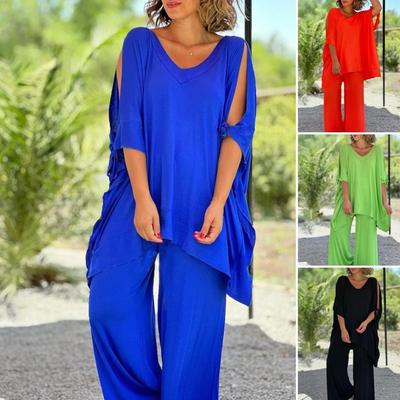 Women's Loose Boho Two Piece Set Casual Pullover Short Sleeve Top Wide Leg Pants Set Oversized Summer Outfits