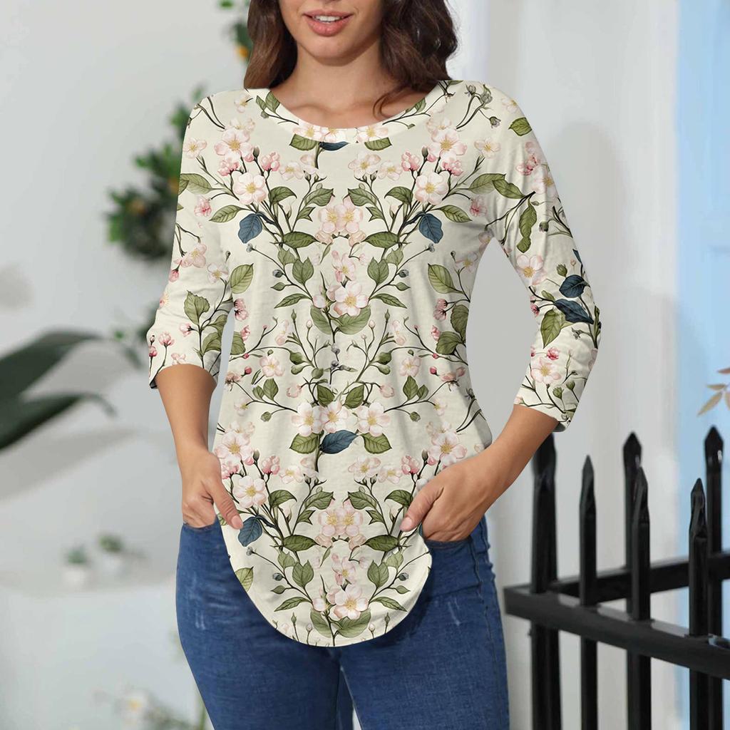 Damen-T-Shirts, 3/4-Ärmel, einfarbig, Pullover, Sommer, Frühling, Tops, Blusen