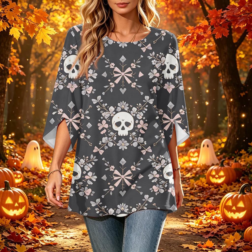 Women's Halloween Print Casual Loose Fit Three-Quarter Sleeve Round Neck Top