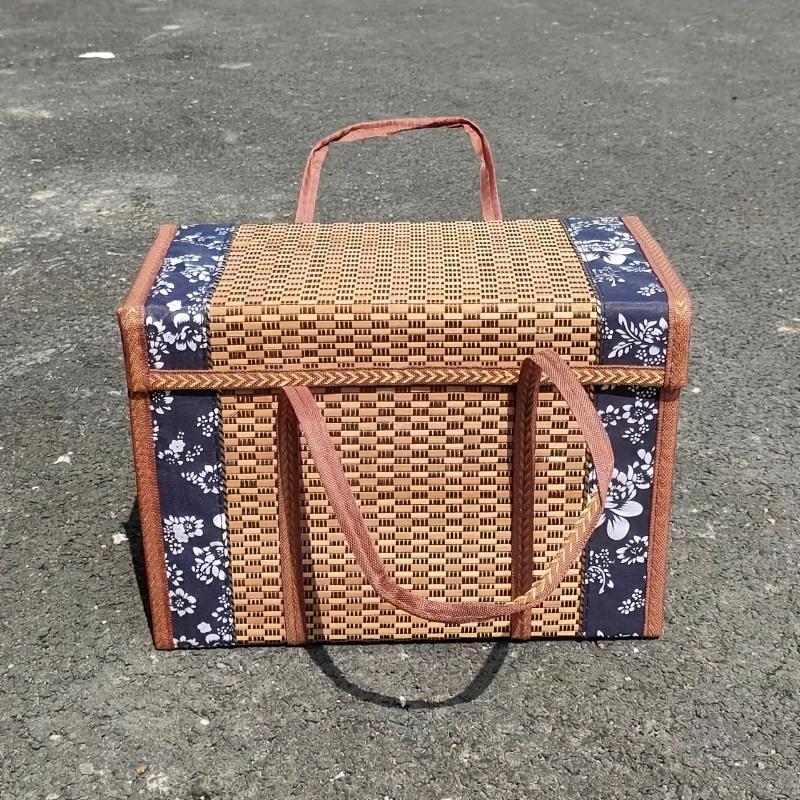 1pc Handcrafted Bamboo Picnic Basket With Handles, Rectangular Retro Style Foldable Bamboo Bag For Snacks & Fruits, Portable Woven Basket With Lid
