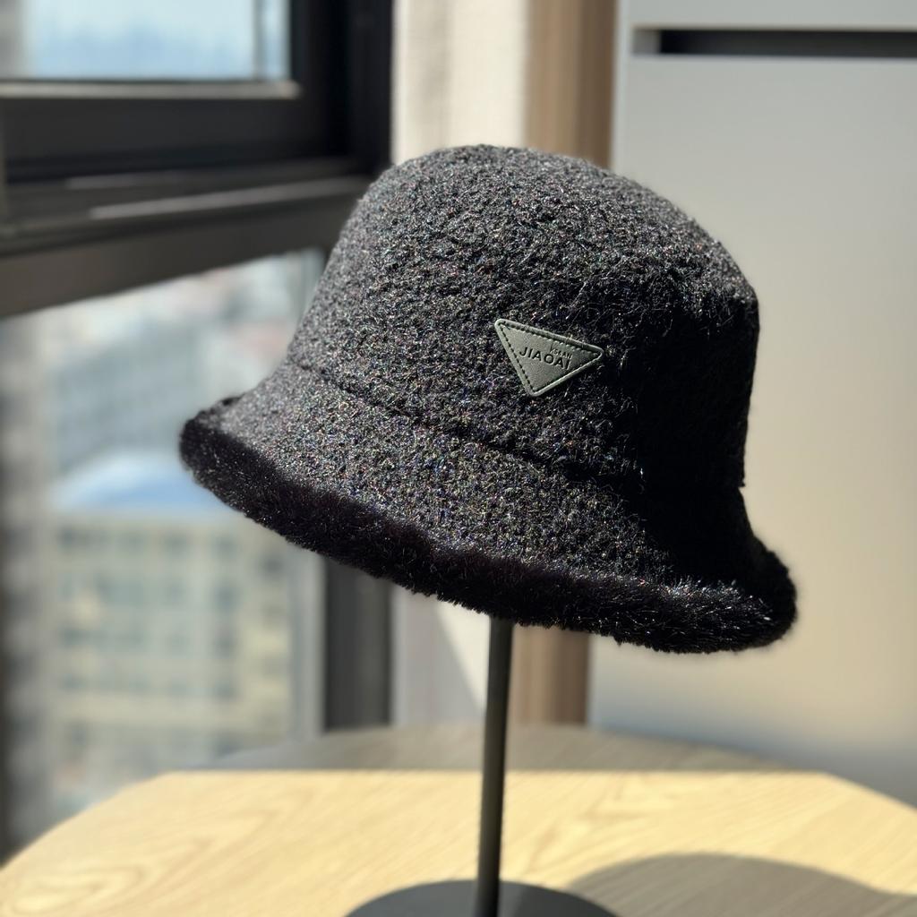 New Plush Fisherman Hat Triangle Mark Autumn and Winter Ins Versatile Warm Basin Hat Women's Lamb Velvet Ear Protection Bucket Hat