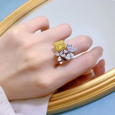 Fashion 18K White Gold 6*8MM Radiant Cut Yellow Sapphire Courndum Ring Anniversary Gift 925 Sterling Silver Jewelry