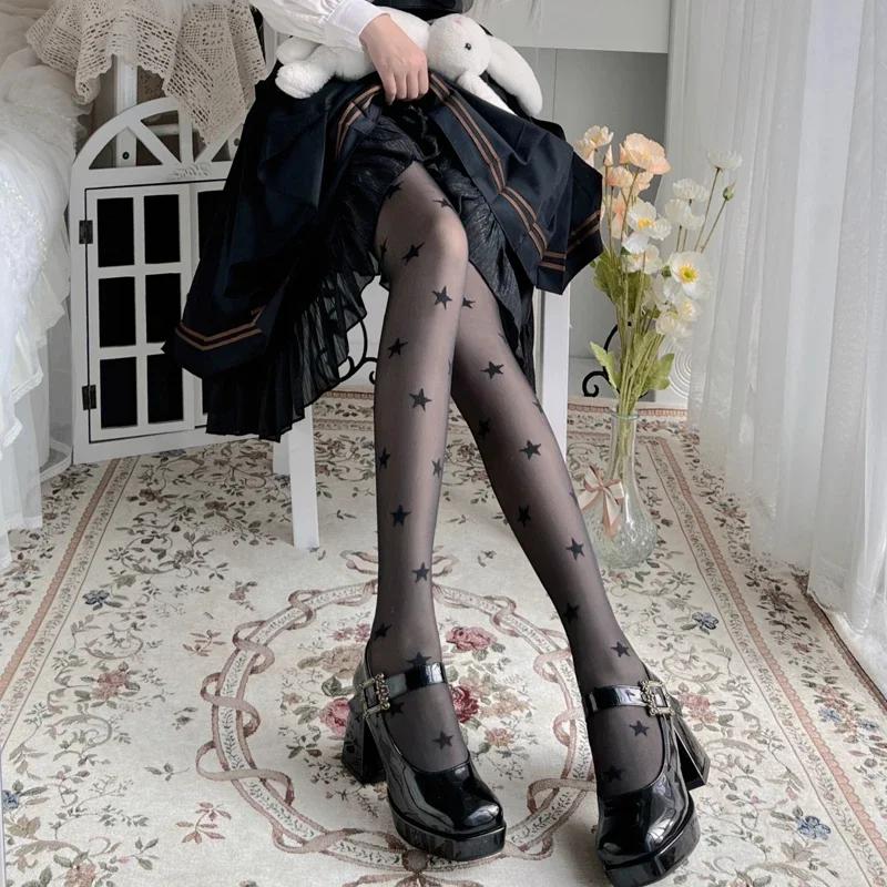 Women Star Print Tights Ultra-thin Nylon Thigh High Summer Stockings Pantyhose Women JK Japanese Style Y2k Girls Black Tights