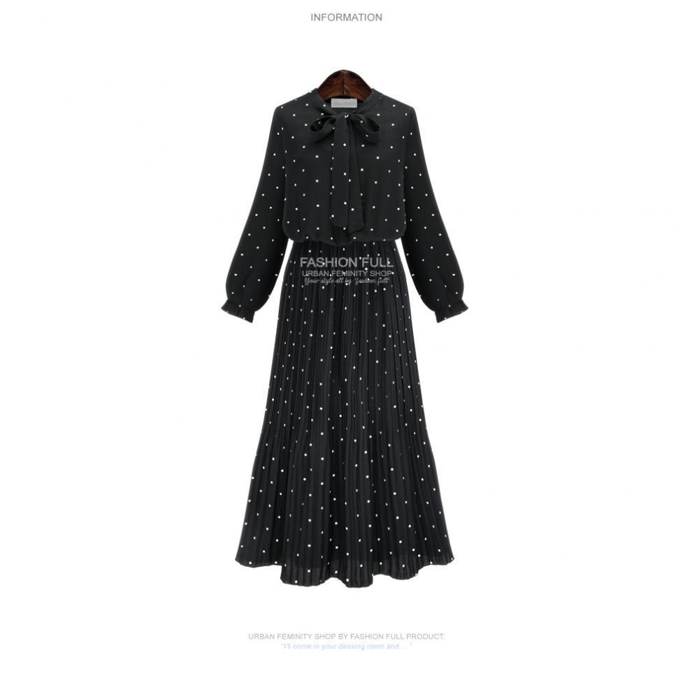 Plus Size Women's Polka Dot Long Sleeve Bohemian Pleated Dress