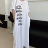 Abito T-shirt a Maniche Corte da Donna Taglie Forti Stile Coreano Estivo Largo con Stampa di Lettere Abiti Lunghi