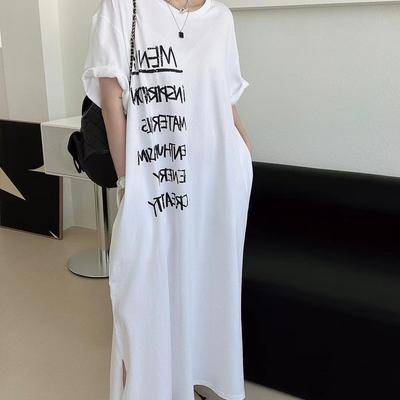 Plus Size Women's Korean Style Short Sleeve T-Shirt Dress Summer Loose Letter Printing Long Dresses