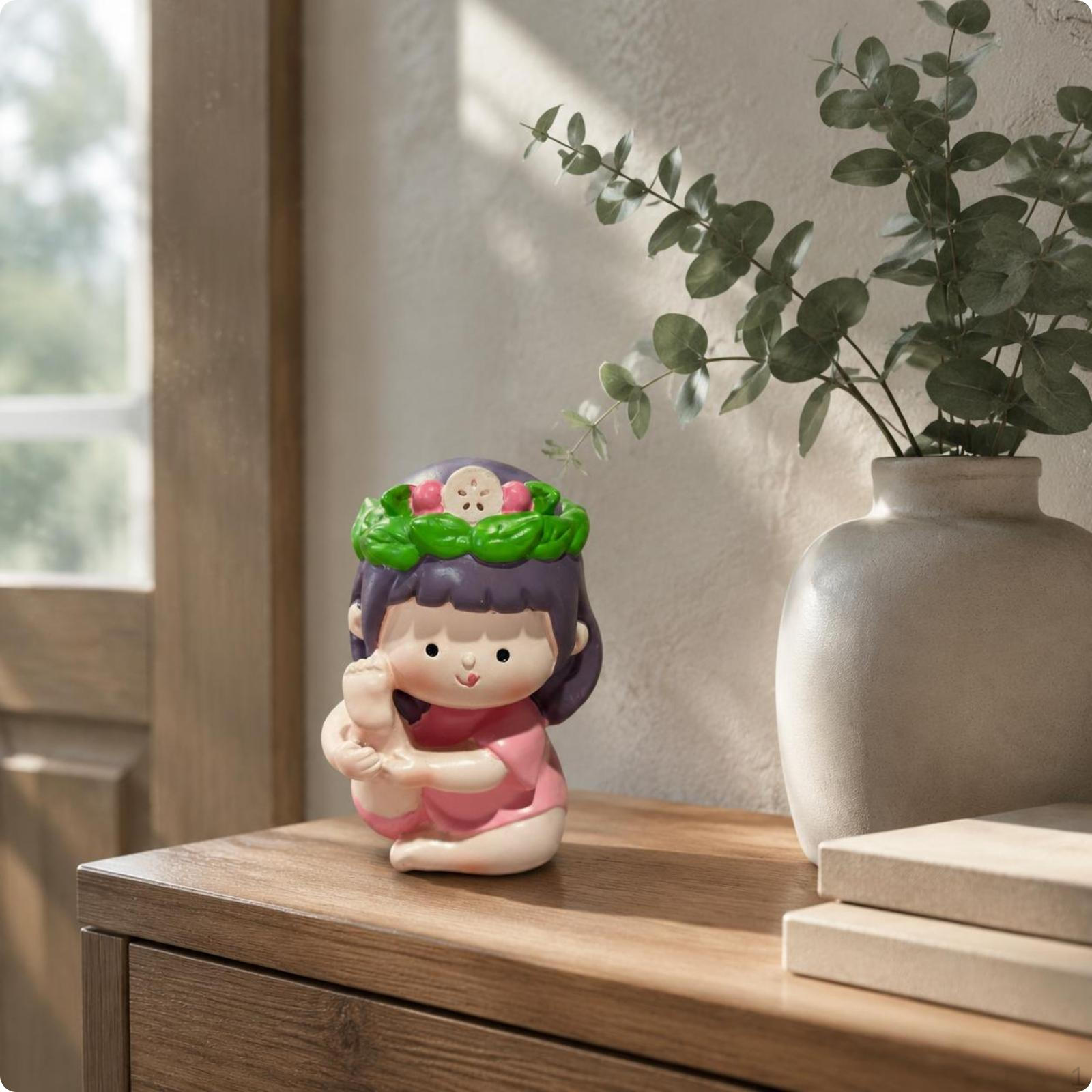 Seated Exercise girl Figurine Cartoon Style Decorative Meditation Figure Leafy