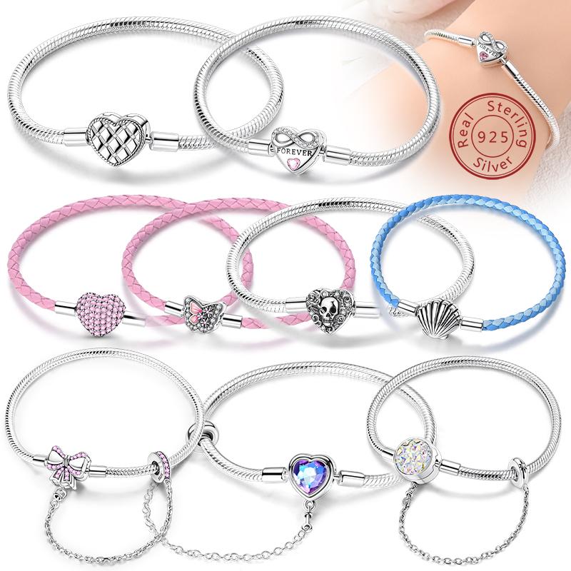 Original Bracelet Bangle 925 Silver Charm Bracelet 17-20CM Love Cross Snake Bone Bracelet for Women Girl DIY Jewelry