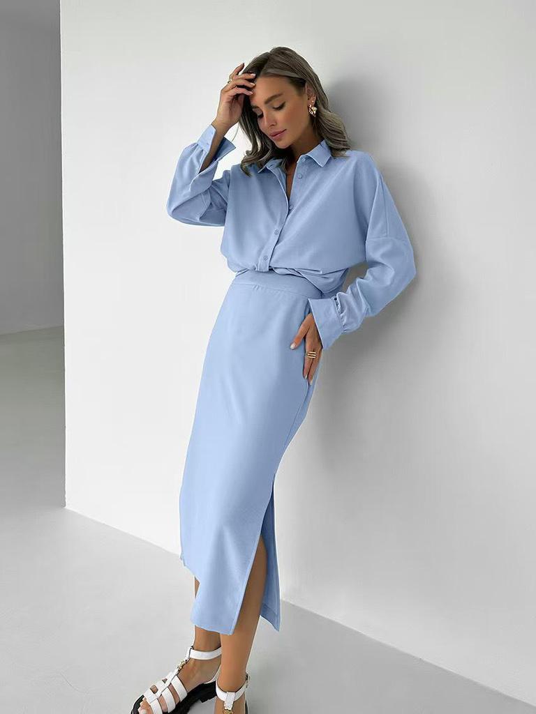 Elegant Lady 2025 Cross-Border 2-Piece Set: Long Sleeve Shirt & High Waist Slit Skirt