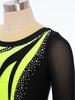 Tuta da Esibizione per Ragazze Design Color Block Patchwork in Rete Manica Lunga Foro sulla Schiena Strass Abbigliamento da Danza