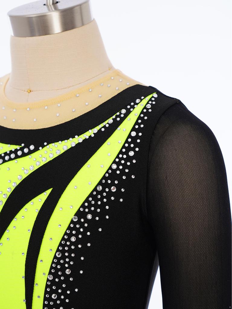 Tuta da Esibizione per Ragazze Design Color Block Patchwork in Rete Manica Lunga Foro sulla Schiena Strass Abbigliamento da Danza