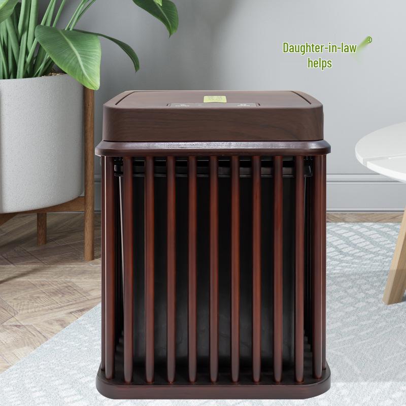 Chinese Retro Solid Wood Smart Trash Can with Lid for Office, Home, Living Room, Bedroom