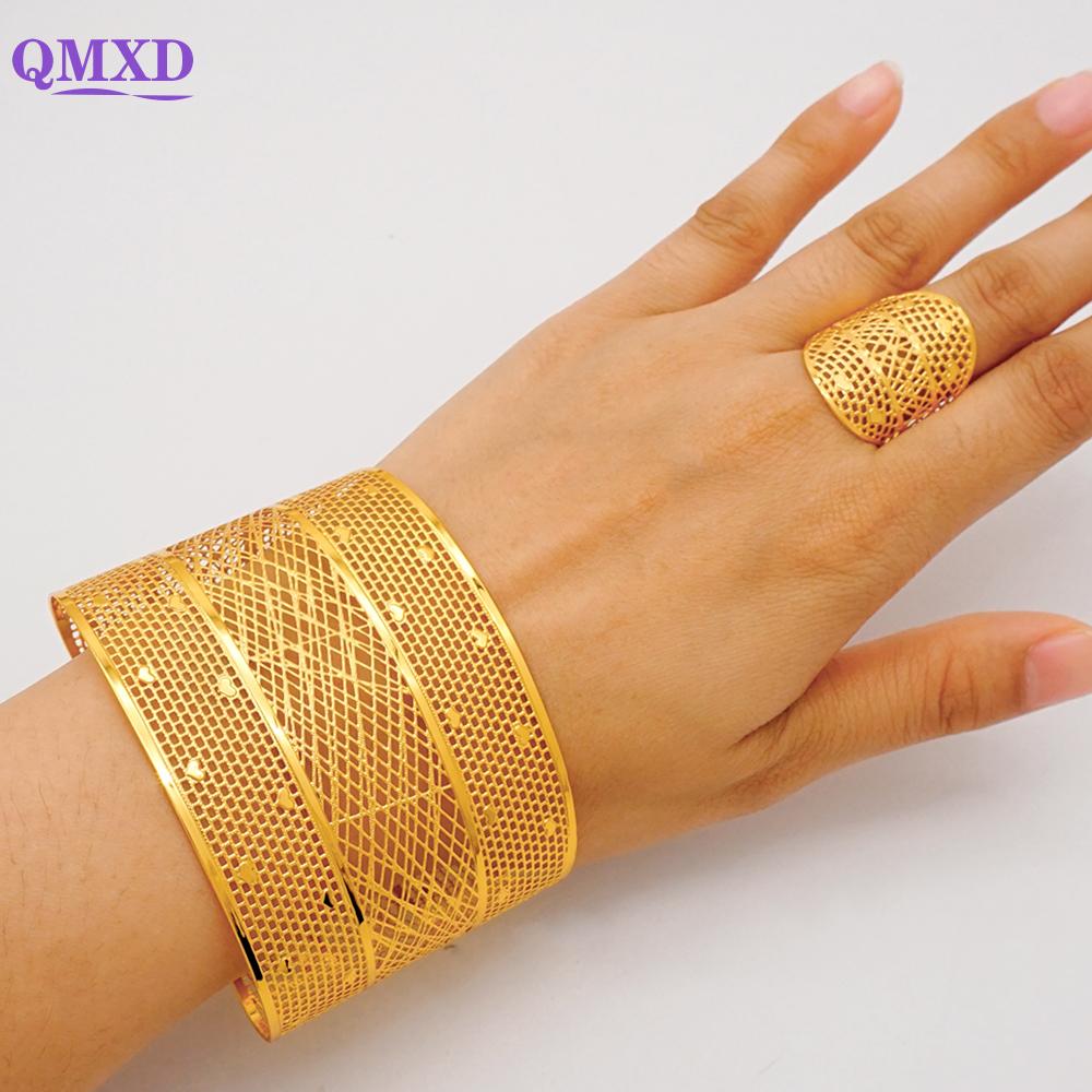 Dubai Gold Color Bangle With Ring For Women Charm Chain Cuff Bracelet Indian Bracelet Arabic France Bridal Wedding Jewelry Gifts
