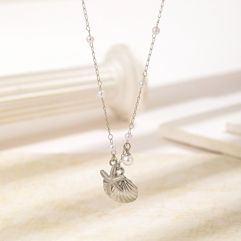 Trendy Temperament Gold Color Starfish Shell Pearl Pendant Necklace Earrings for Women Summer Beach Stainless Steel Jewelry Gift