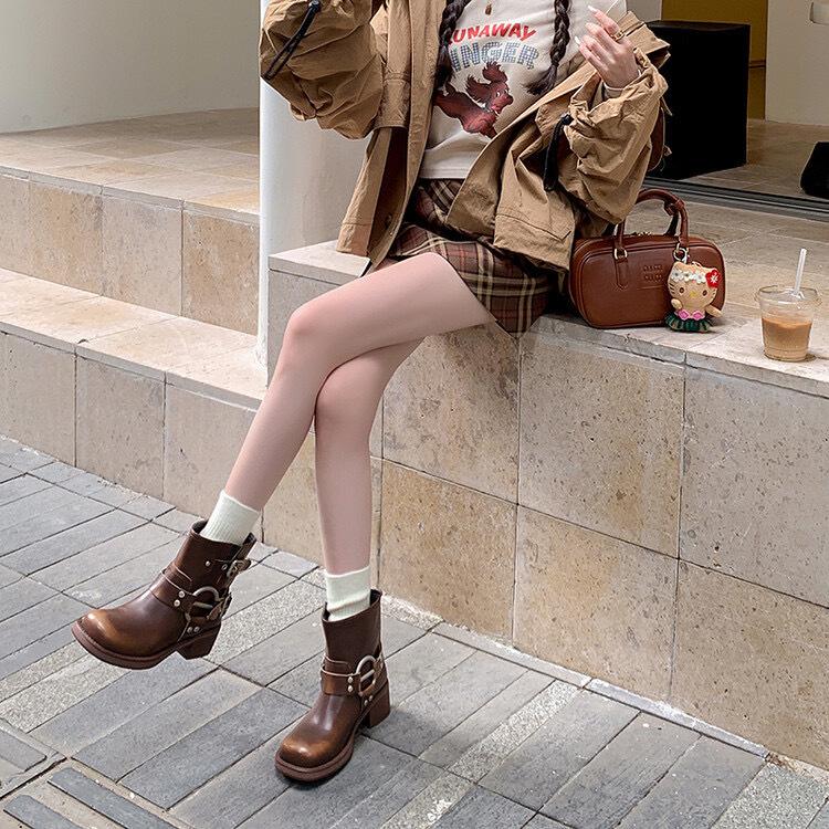 Women's Chunky Heel Belt Buckle Martin Boots - Brown Western Cowboy Ankle Boots, 2025 Punk Rider Vintage Style