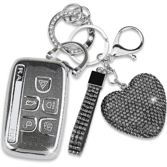 for Land Rover Key Fob Cover with Heart Keychain for Women, Compatible with Range Rover Evoque Sport Velar Land Rover Discovery Jaguar F-Pace F-Type