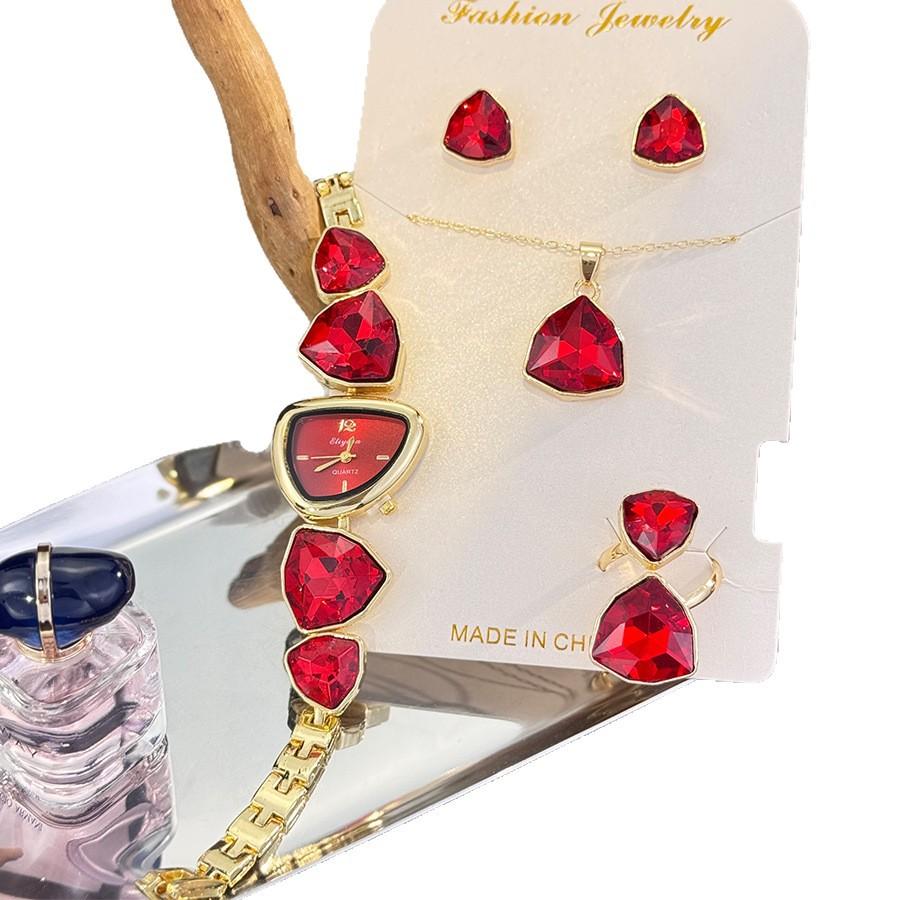 Color Diamond-set Irregular Special-shaped Watch Necklace Ring Earrings Four-piece Set Gift Watch