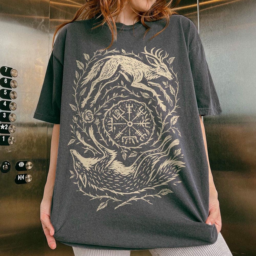 Retro Fox Yin Yang Print Shirt Witchy Forestcore Shirt Mystical Animal Graphic Dark Academia Unisex Y2K Casual Top Streetwear