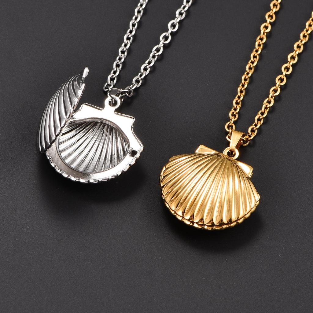 Stainless Steel Seashell Photo Locket Pendant Necklace for Women Men Picture Box Frame Charms Chain Metal DIY Jewelry Accessory