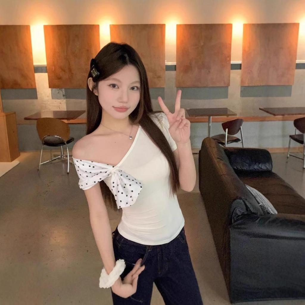 Asymmetrical Polka Dot Off-Shoulder Short Sleeve Top - Women's Summer Chic