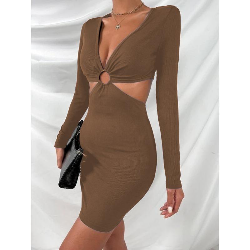 Women's Hollow Long Sleeve Low Neckline Sexy Dress Dress
