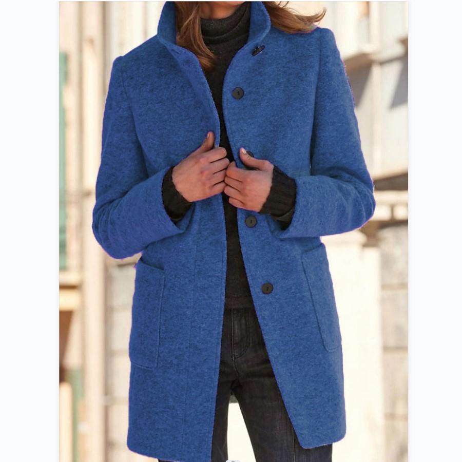Casual Solid Color Stand-Neck Jacket with Print Design and Pockets for Autumn/Winter