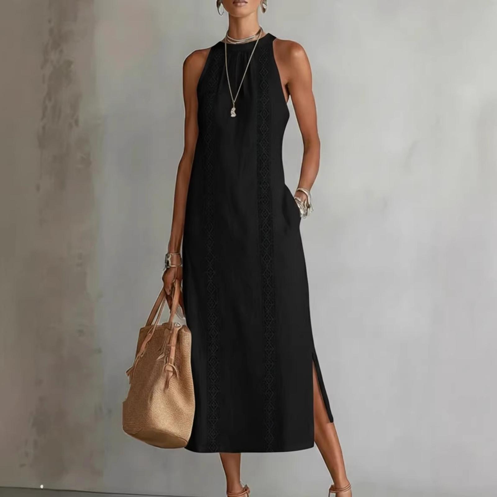 

Женское модное винтажное удобное платье из смесовой хлопково-льняной ткани с кружевными вставками L чёрный