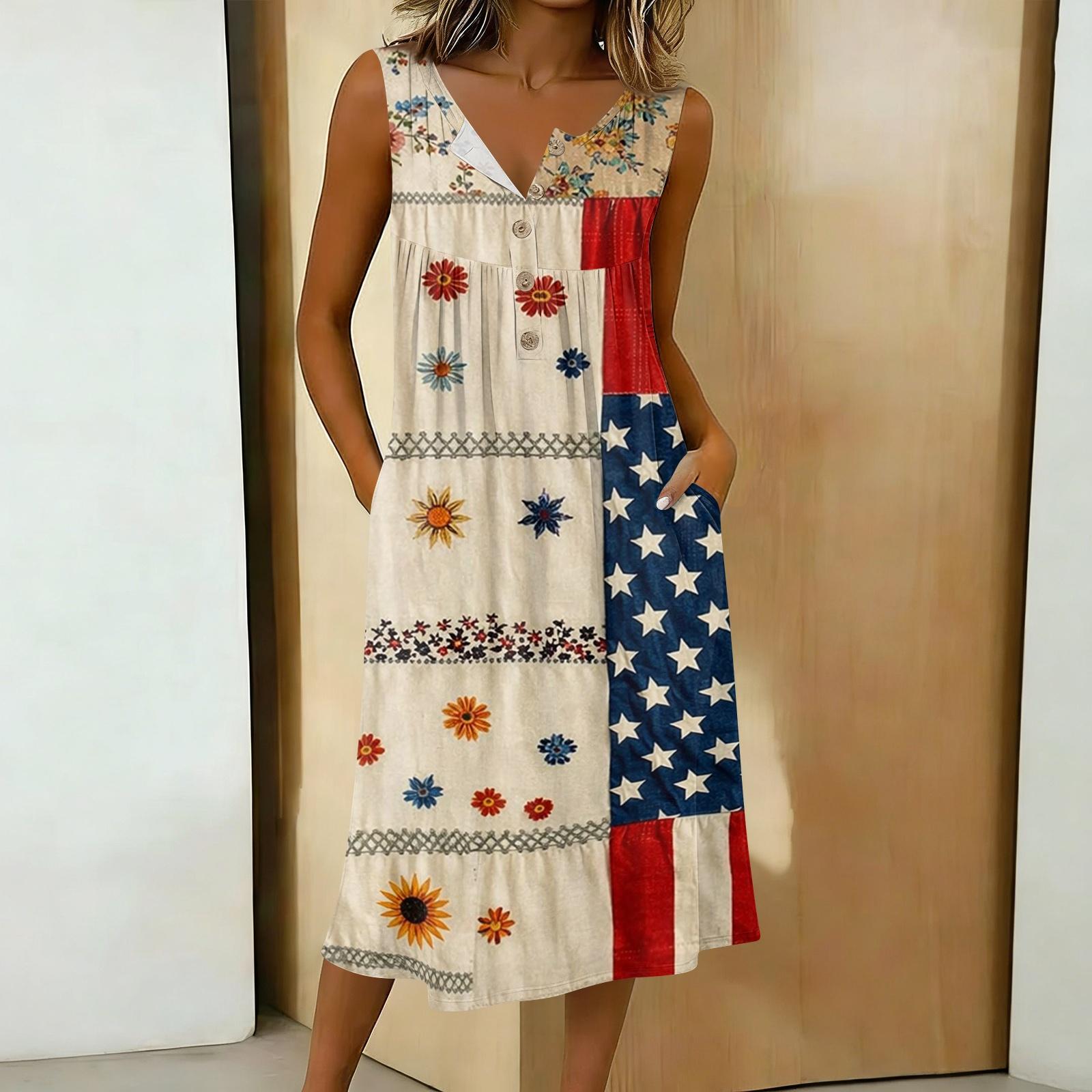 

Sleeveless V Neck Midi Dress with Star and Floral Print Pattern Casual Loose Fit Summer Sundress with Side Pockets M хаки