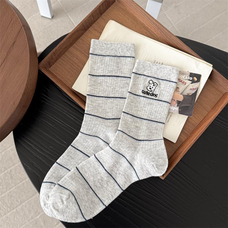 Spring & Summer Korean Style Cartoon Embroidered Puppy Mid-Calf Socks - Women's Academy Stripes Slouch Socks