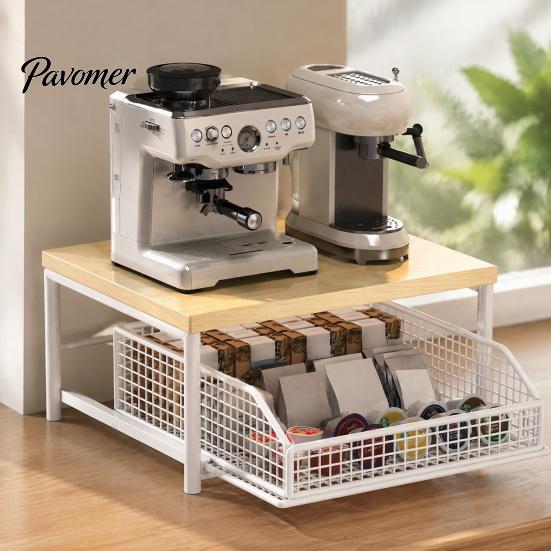 Durable Coffee Maker Holder Storage Rack with Drawer, Two Tier Countertop Organizer, Wood Snack Organizer for Closet Top And Metal Basket Kitchen