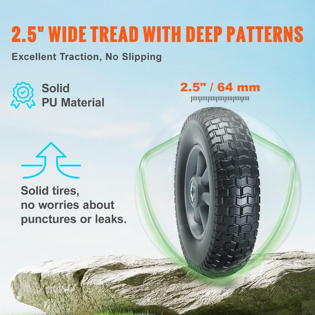Solid PU Run-Flat Tire Wheel, 10", 2-Pack, 180 lbs Dynamic Load, 220 lbs Static Load, Flat Free Tubeless Tires and Wheels for Hand Truck, Utility
