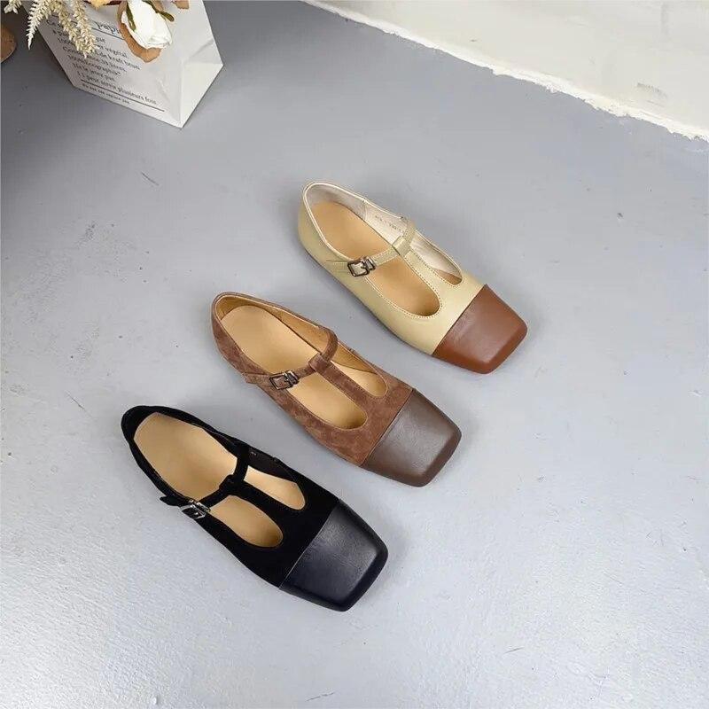 Johnature Square Toe Buckle Shallow Fashion Pumps Versatile Genuine Leather Women Low Heels Shoes