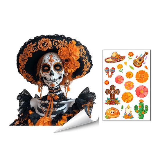 Durable Sunproof Glass Stickers Day of The Dead Window Clings, Halloween Double-Sided Skull Sticker, Ethnic Pattern Wall Art Colorful Flower Skeleton
