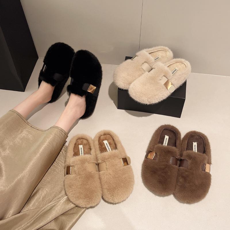 Mao Mao slippers women's wear 2025 autumn and winter new Doudou shoes one pedal Mao Mao lazy cotton shoes flat half slippers