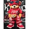 Men's Hip Hop Bear T-Shirt Cool Teddy Bear Wearing Sunglasses Red Hat Graphic Printed Short Sleeve Casual O-Neck Streetwear Tee Tops Men Clothing
