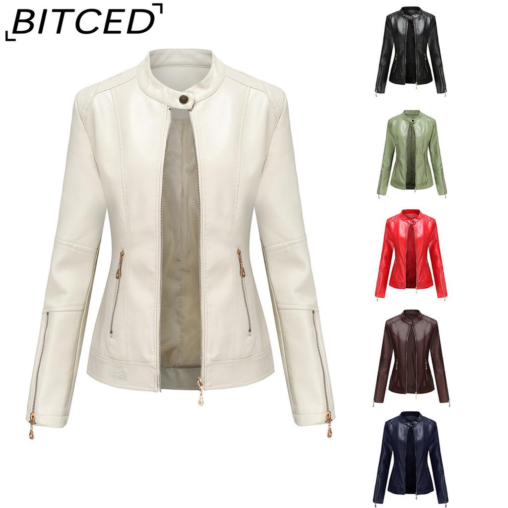 BITCED Fashion Women's PU Leather Short Jacket with Stand Collar Lightweight Spring/Autumn Leather Jacket