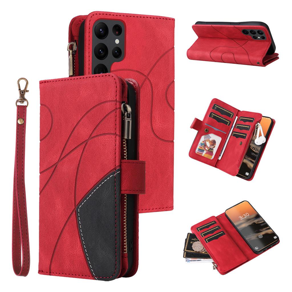 Stylish Dual-color Nine-card Zipper Case With Card Holder And Stand For Samsung A14