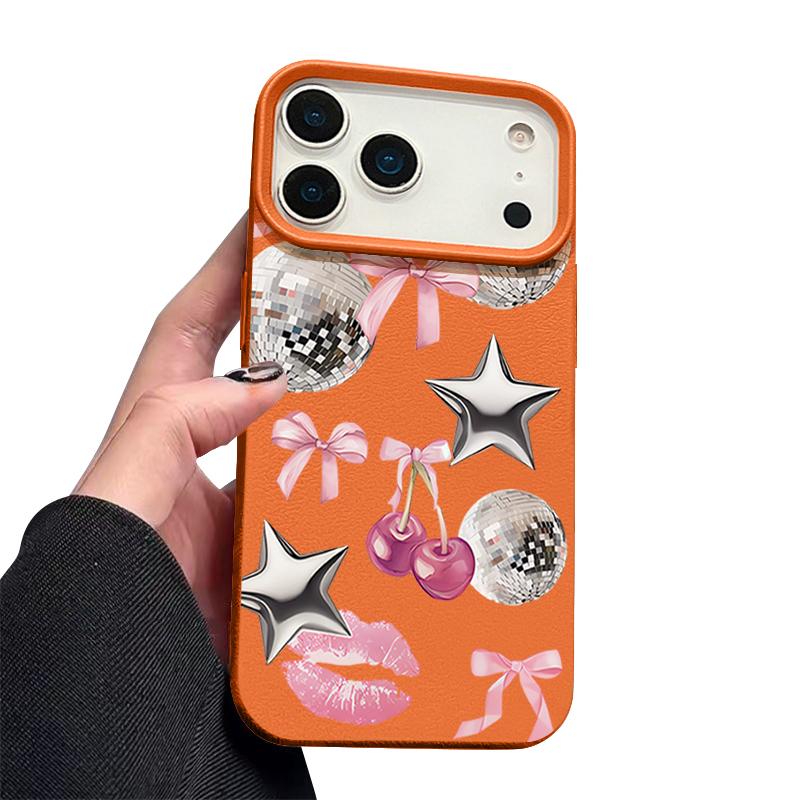 Cherry Bowknots Lips Disco Ball Pattern Case For iPhone 17 Pro Max iPhone 16 Pro Max 15 14 13 12 11 16E Air Luxury Leather Texture Silicone Cover