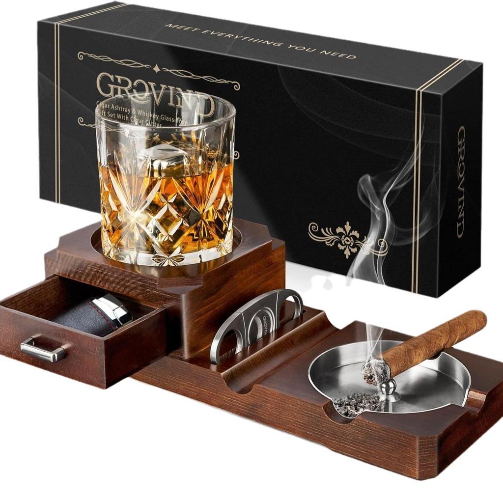Wooden Cigar Ashtray & Coaster with Cup Holder and Wine Glass Rack