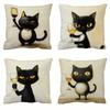 Cute Black Cat With Wine Glass Throw Pillow Covers, Whimsical Cat & Wine Print Cushion Cases, Playful Bar Home Decor For Bedroom