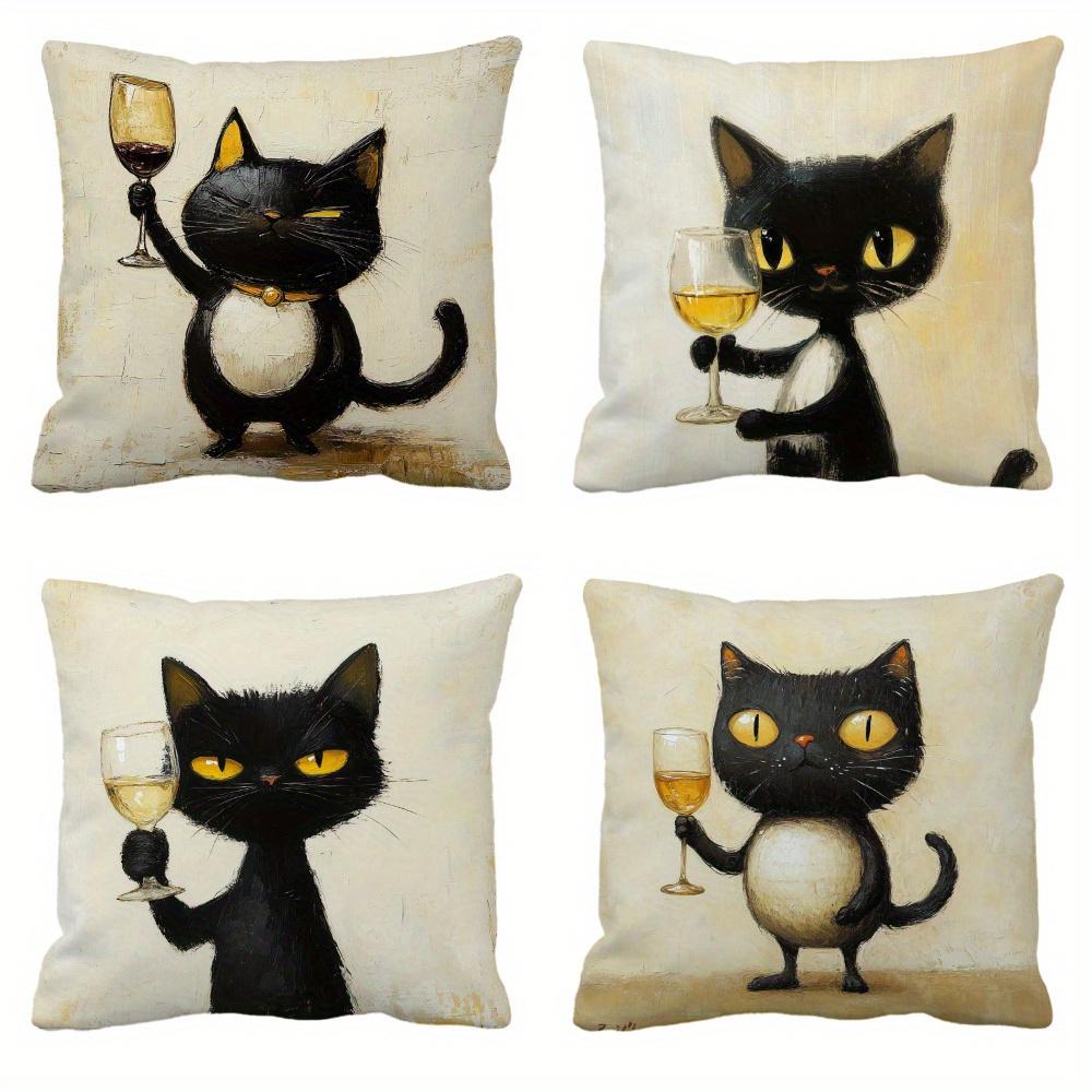 Cute Black Cat With Wine Glass Throw Pillow Covers, Whimsical Cat & Wine Print Cushion Cases, Playful Bar Home Decor For Bedroom