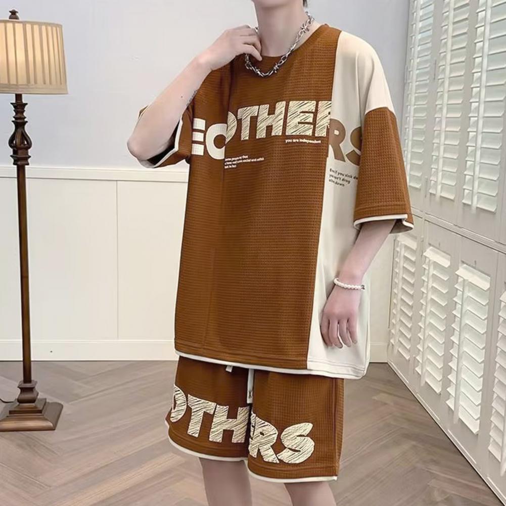 2Pcs/Set Men Summer Casual Outfit O-neck Short Sleeve T-shirt Elastic Drawstring Waist Wide Leg Shorts Set Patchwork Color Lette