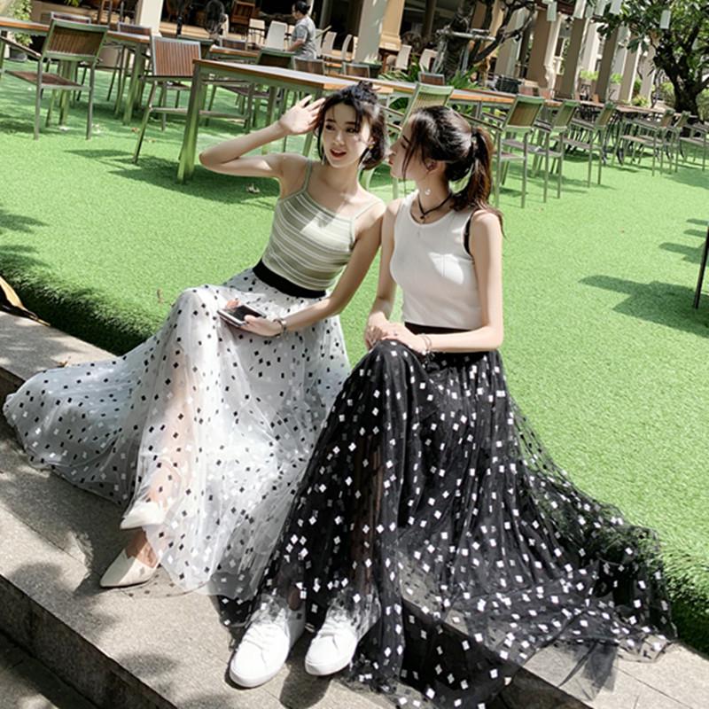 Women's High Waist Black Mesh A-line Midi Tulle Skirt