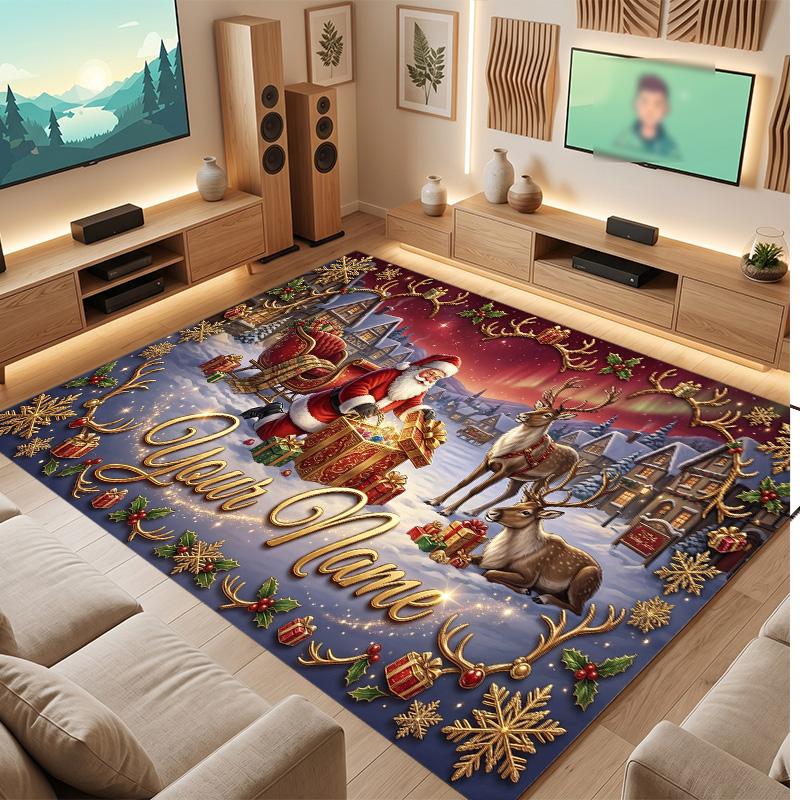 Christmas Theme Soft Crystal Velvet Rug Custom Name & Text Print Non Slip Floor Rug for Bedroom Living Room