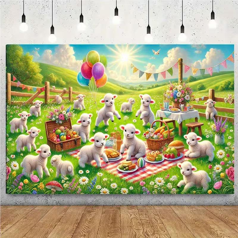 Cute Sheep Picnic Tapestry, Meadow Lamb Cartoon Background Cloth, Kids Room Wall Decor