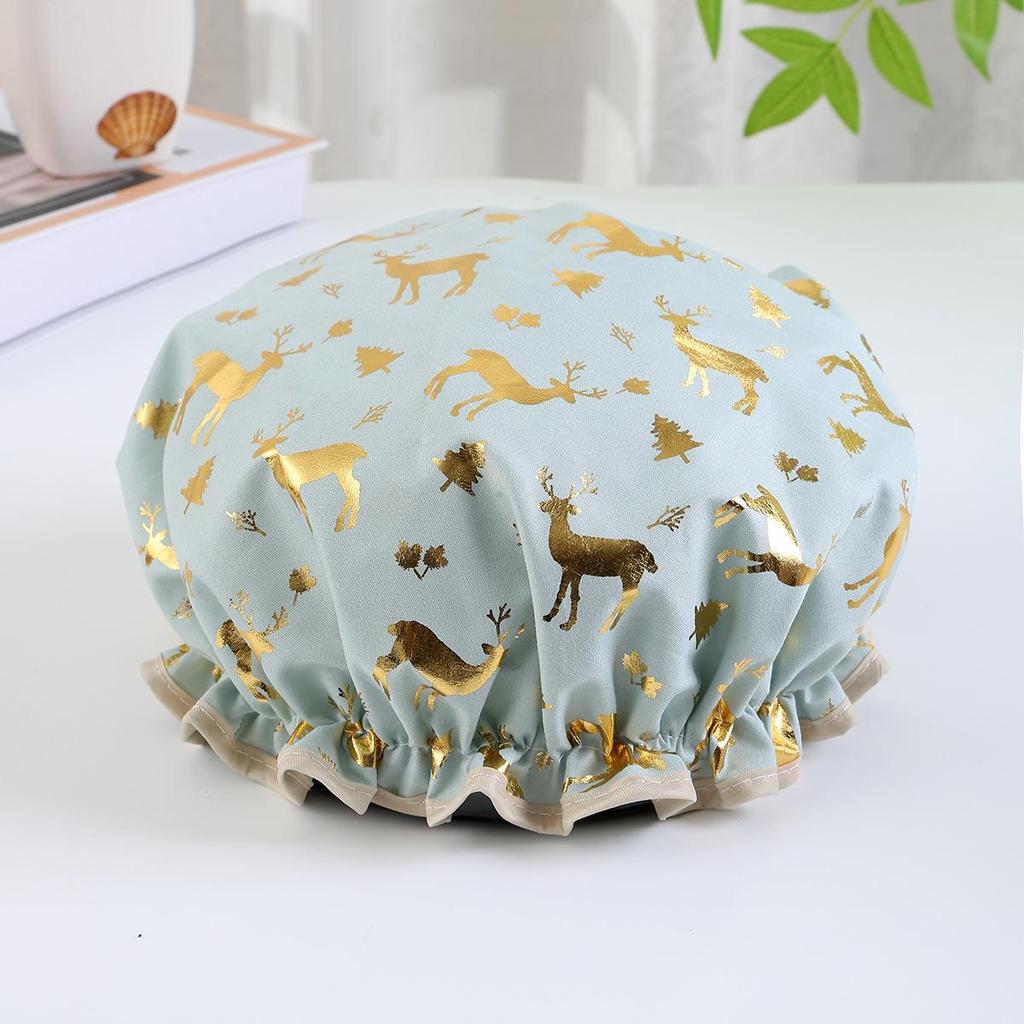 Double-layer Shower Cap  Waterproof Hair Cap  Gold-embossed Printed Polyester-cotton PEVA Shower Cap  Women's Bathing and Bathing Style
