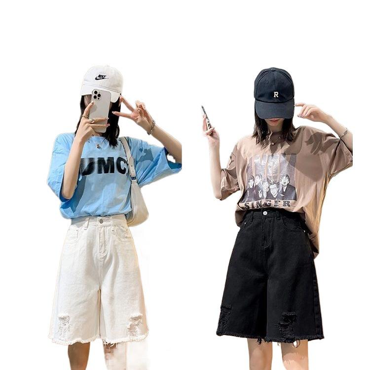 Women's Summer 2025 White Ripped Wide-Leg Denim Shorts